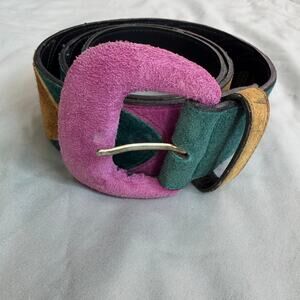 Express Genuine Leather Colorblock Suede Belt Large Pink Green Tan Statement